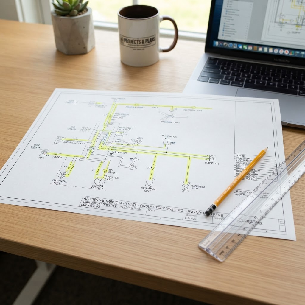 Esquema elétrico residencial com simbologia em papel